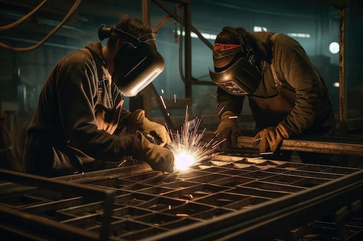 skilled welders crafting intricate steel structures historical restoration project 928211 15826